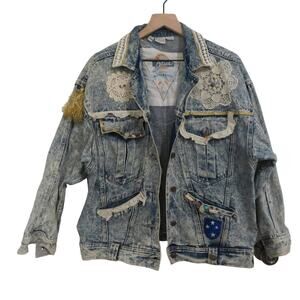 Anchor Blue Womens Sz M Washed Out Embellished Lace Crochet Denim Jacket